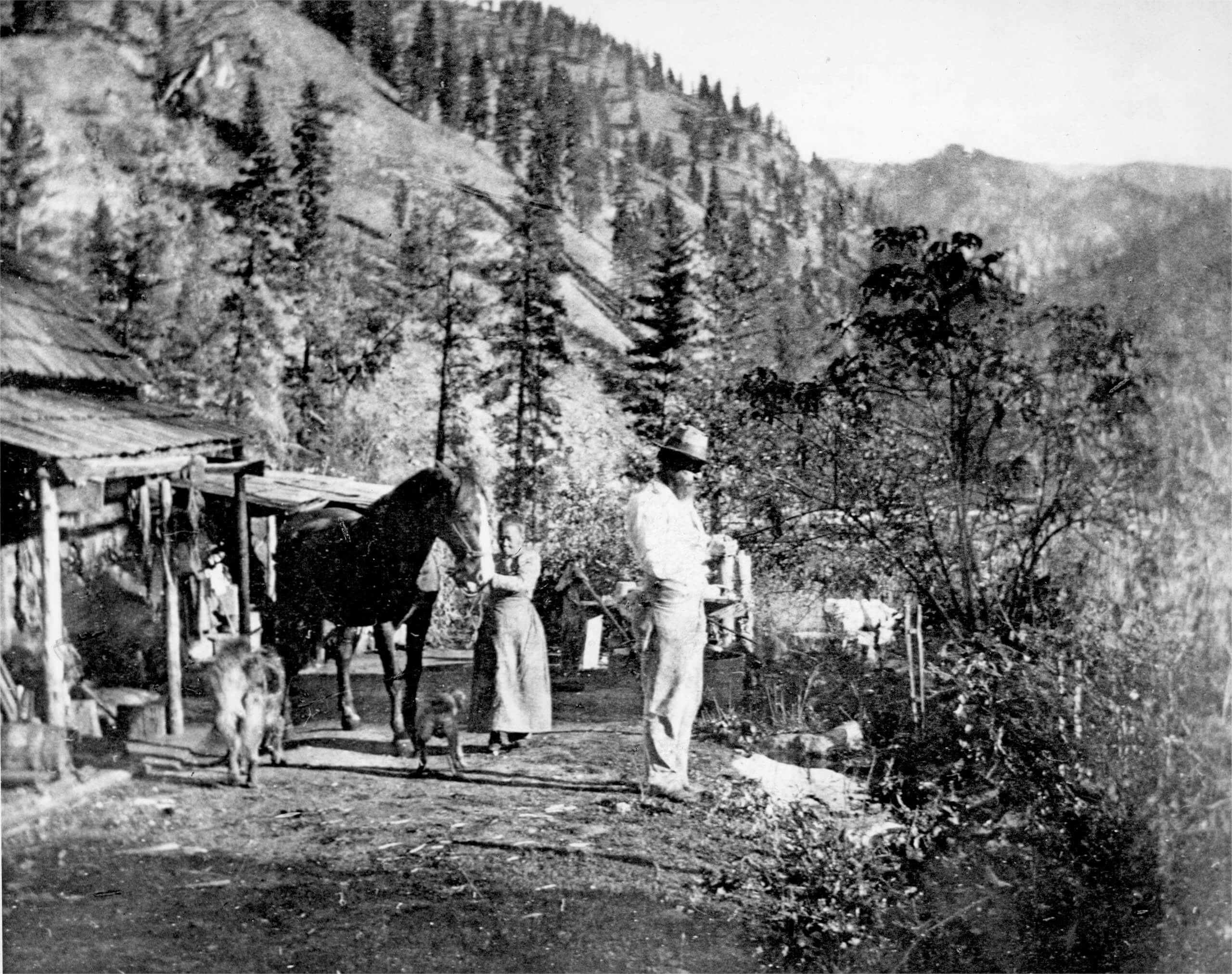 A black-and-white photo of Polly and Charlie Bemis standing in front of their cabin with a horse and dogs.