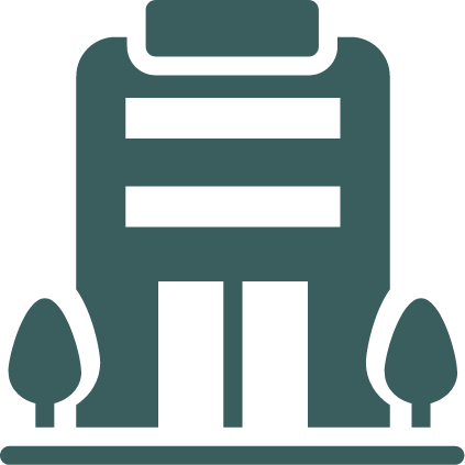 An illustrated teal building icon.